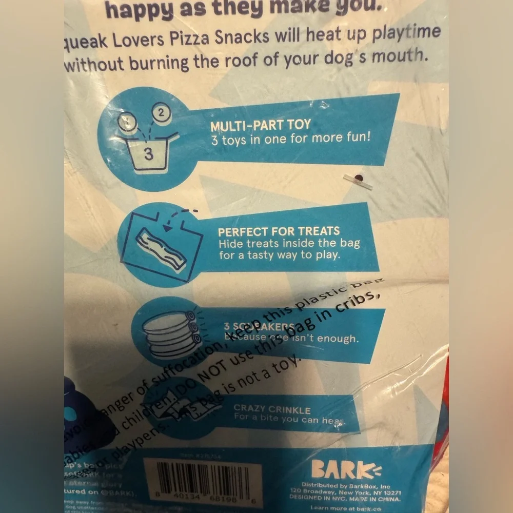 Bark Box Pizza snacks Dog Toy 3 part toy hide, squeak, crinkle NEW Pizza Rolls